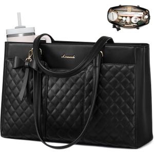 LOVEVOOK Laptop Tote Bag for Women,17.3 Inch Work Bags PU Leather Teacher Tote Bag,Waterproof Quilted Computer Bag for Office Professional Briefcase Gifts
