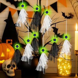 Thyle 12 Pcs Halloween Glow Eyeball Hanging Ornaments in The Dark, 5.5 Inch Fake Spooky Eyeballs Gauze Tree Ornaments, Halloween Indoor Outdoor Luminous Decor for Yard, Lawn, Haunted House Party
