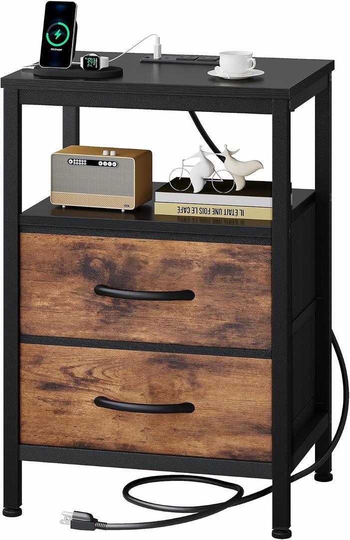 OLIXIS Nightstand with Charging Station, Bedside Table with USB Ports & Type-C, 2 Fabric Drawers Night Stand with Open Shelf, Compact End Table for Bedroom, Black & Rust, 15.7"Dx11.8"Wx23.6"H