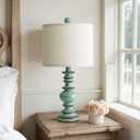 BOBOMOMO 20" Distressed Teal Bedside Lamps Set of 2, Hand-Painted Vintage Resin Lamps with Linen Shades, Cottage Farmhouse Lamp for Living Room, Bedroom, and Hallway, Space-Saving Accent Lamps