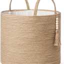 Mkono Woven Storage Basket Decorative Natural Rope Basket Wooden Bead Decoration for Blankets, Toys, Clothes, Shoes, Plant Organizer Bin with Handles Living Room Home Decor, Jute, 16" W × 13.8"L