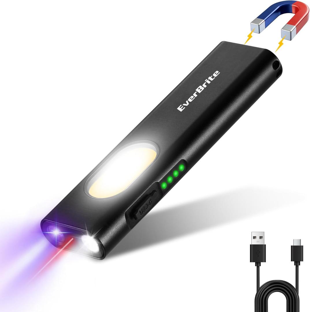 EverBrite Rechargeable EDC Flat Flashlight, 1200LM Pocket Flashlight with White/UV/Red Light, Red Laser and Red & Blue Strobe, Magnetic Flashlight with Clip, for Work, Emergency, Camping