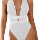 ZAFUL Women's One Piece Swimsuit Deep V Neck Ribbed Self Tie Sexy High Cut Bathing Suit Crisscross Back Swimwear (White), S