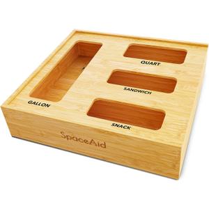 SpaceAid Bag Storage Organizer for Kitchen Drawer, Bamboo Organizer, Compatible with Gallon, Quart, Sandwich and Snack Variety Size Bag (1 Box 4 Slots), 2.5" High