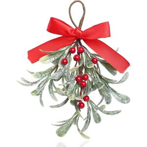 Mistletoe Christmas Decor, Artificial Mistletoe Frosted Mistletoe Decoration for Doorway Hanging Mistletoe Christmas Ornament Kissing Ball Artificial Glitter Leaf Hanging Decoration for Couple