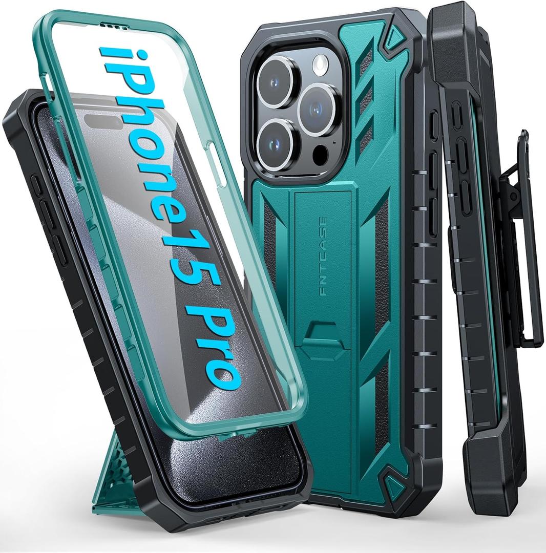 FNTCASE for iPhone 15 Pro Case: with Belt-Clip Holster & Built-in Screen Protector & Kickstand, Full-Body Dual Layer Heavy Duty Rugged Military Shockproof Protective Cell Phone Cover 6.1 inch-Green FNTCASE for iPhone 15 Pro Case: with Belt-Clip Holster & Built-in Screen Protector & Kickstand, Full-Body Dual Layer Heavy Duty Rugged Military Shockproof Protective Cell Phone Cover 6.1 inch-Green