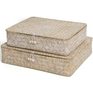 Flat Wicker Shelf Baskets with Lid, Seagrass Woven Basket Boxes for Storage Basket Bins Multipurpose Home Decor Organizer (Whitewash Set of 2)
