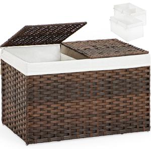 Storage Basket with Lid Wicker Baskets for Storage with 2 Separate Lid 42.3 Gallon (160 L) 29.9 x 17.3 x 18.1 Inches Rattan Woven Large Wicker Basket with 2 Liners for Bedroom Laundry Brown (160L-29.9L*17.3W*18.1H)