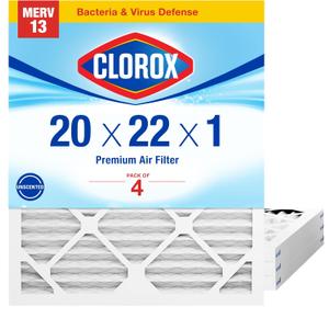 Clorox 20x22x1 Air Filter, MERV 13 Pleated HVAC AC Furnace Air Filters for Allergies, Pet Dander, Smoke and more, MPR 1500 & FPR 10 Pack of 4
