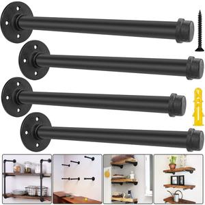 Industrial Pipe Shelf Brackets 12 inch Black Iron Rustic Brackets for Shelves, Vintage Furniture Decor, Wall Mounted DIY Shelving Brackets, Garment Rack Hardware, Clothing Rack Set of 4