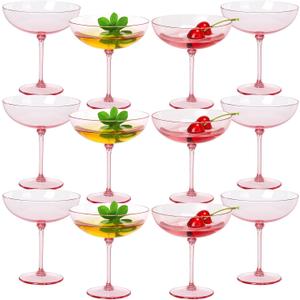 LemonRoad 12 Pcs Detachable Martini Glasses 9oz Plastic Coupe Cocktail Dessert Glassware Set for Champagne, Wedding Holiday Party Supplies (Pink)