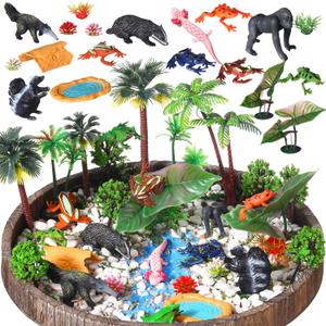 Sratte 26 Pcs Rainforest Animals Figures Playset Include Jungle Animals Figures Model Trees Rain Forest Diorama Project Supplies for Cake Topper Toddlers Gift Birthday Party Decor(Tray Not Included)