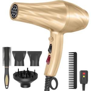 Ionic Hair Dryer,2400W Negative Ion Low Noise Hair Dryer Professional Fast Drying Hair Dryers with 2 Speeds, 3 Heat Settings, Cooling Button,with Diffuser for Curly and Straight Hair Champagne Gold