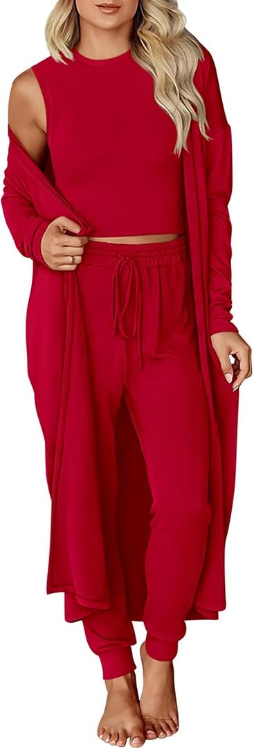 KIRUNDO 3 Piece Lounge Sets for Women Airport Travel Vacation Outfits Spring Cardigan Matching Sleeveless Top Jogger Pants (Large, Red)