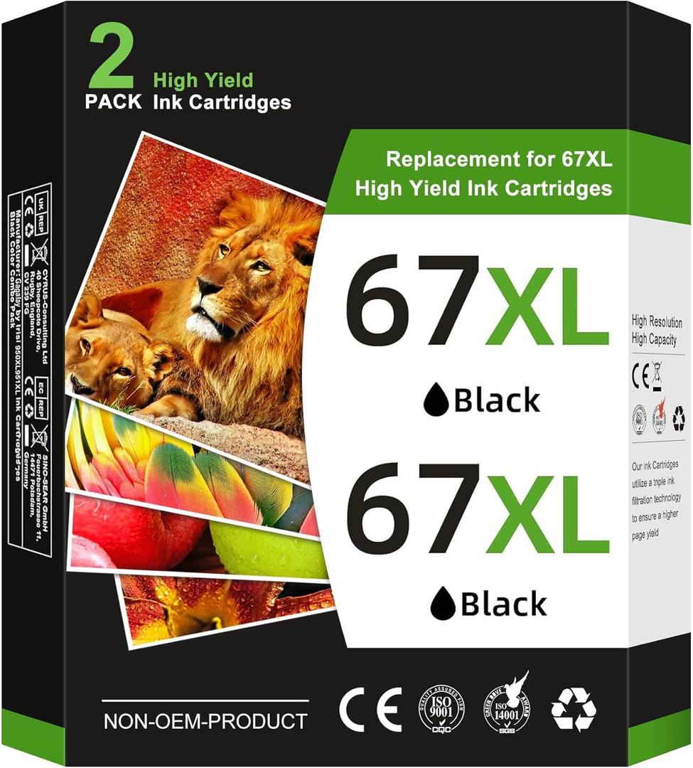 67XL Replacement for Hp 67xl Black Ink Cartridge Works for HP DeskJet 2755e 2700 2855e 2800 4155e 4255e 2755 2852e Envy 6055e 6000 6455e (2 Black)