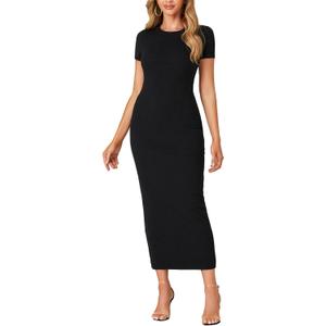 Umenlele Womens Casual Short Sleeve Ribbed Knit Bodycon Fitted Pencil Long Maxi Dress (Large, Black)