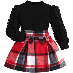 Noubeau Toddler Girls Plaid Outfits Girls Puff Sleeve Knit Ribbed Shirt Tops Plaid Skirt Set Kids Fall Winter Clothes (8 Years, Red)