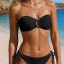 Yonique Women's Ribbed Bandeau Bikini - Sexy Two Piece Strapless Swimsuit String Tie Side Bathing Suit 2026 (Black, M)