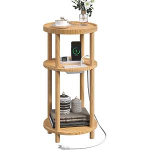 SANYOUNG Small Round Side Table with Charging Station for Small Spaces, 3-Tier Solid Wood End Table, Compact Sofa Table Bedside Tables for Living Room, Bedroom, Apartment, Natural