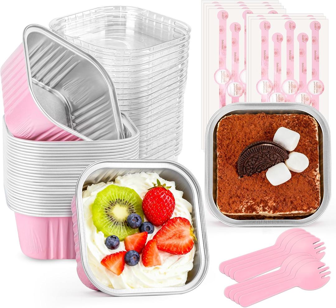 60 Pack Mini Cake Pans with Lids Foil Pans Square Aluminum Pans with Lids Cupcake Liners for Birthday Wedding Mothers Day Party Favors Gift (Pink, 5 oz)