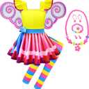 Akokvlar Fancy Fairy Costume for Girls Halloween Dress with Butterfly Wings Leggings (6-7 Years, Yellow)