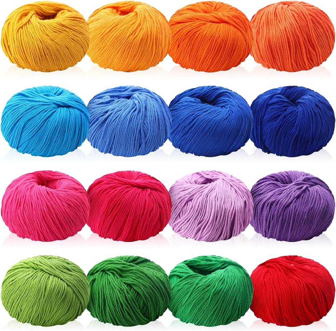16 Skeins Cotton Yarn for Crocheting Knitting Soft Fine Clothes Cotton Blankets Yarn Bulk Assorted Colors for DIY Craft, Each 50g/185yard, 16 Colors(Classic Colors)