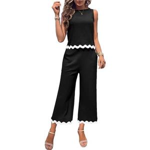 HangNiFang Womens Summer 2 Piece Outfits Sleeveless Cropped Tank Button Back Top Capri Wide Leg Pant Linen Set, XL