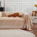 Couch Cover Soft Chenille Sofa Cover Modern Minimalist Creamy Beige Couch Cover with Abstract Terracotta Line - Washable Non Slip Sofa Slipcover Reverse 3-Seaters Sofa Protector