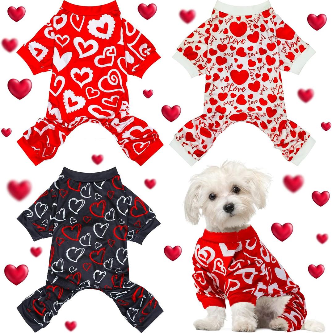 Weewooday 3 Piece Valentine's Day Dog Pajamas Dog Bodysuit & Jumpsuit Set, Heart Pattern Puppy Clothes for Puppy & Cat, Size S, fit 3.3-5.5lbs