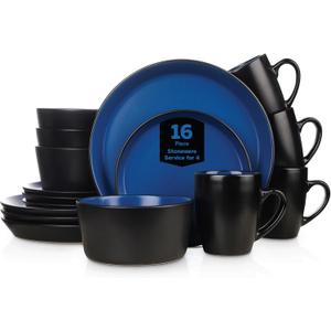 Stone Lain Albie Stoneware 16-Piece Modern Dinnerware Set, Kitchen Plates and Bowls Sets, Dish Set for 4, Blue and Black (16 Piece - Service for 4, Blue and Black)