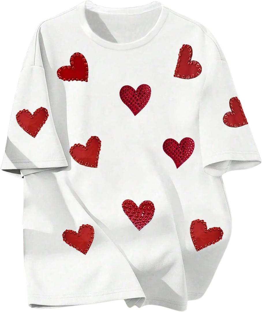 Women's Heart Rhinestone Graphic Tees Short Sleeve Crew Neck Casual T Shirt Tops