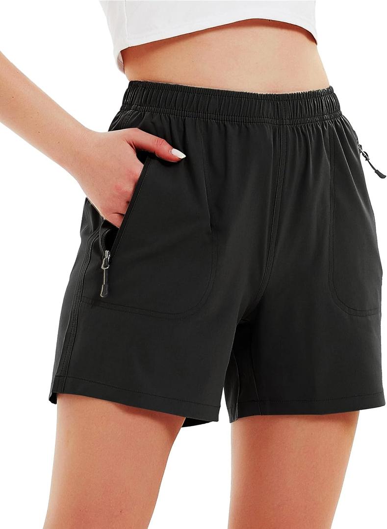 Women's 5"  Hiking Cargo Shorts Quick Dry Lightweight Athletic Outdoor Shorts for Workout with Zipper Pockets, Black Medium