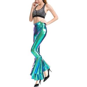 Women Flare Shiny Leggings Metallic Mermaid Stretchy Ruffle Bell Bottom Pants for Women Disco High Waist Legging (Blue, Large)