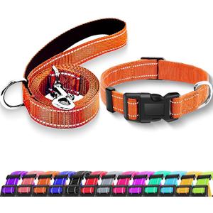 Reflective Dog Collar with Safety Locking Buckle, Adjustable Soft Breathable Nylon Collars for Small, Medium and Large Dogs(Collar+Leash L Orange)