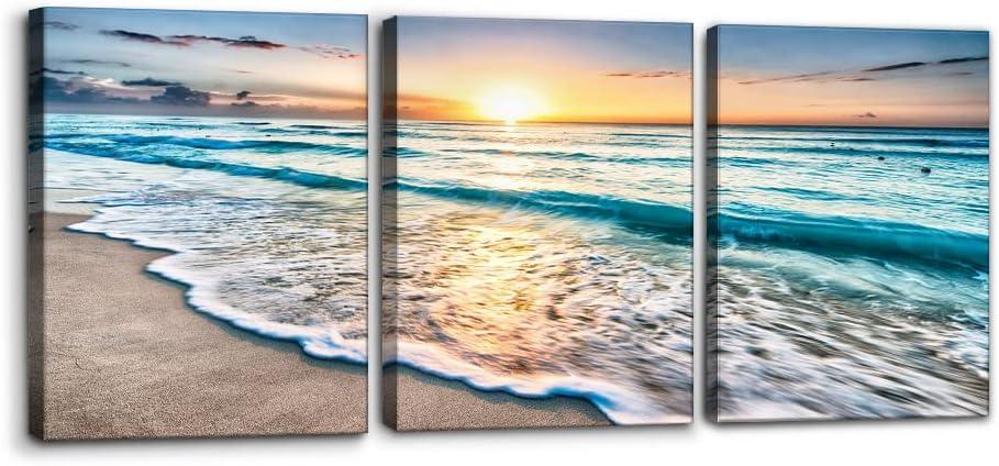 Pacimo 3 Panels Beach Canvas Wall Art for Home Decor Blue Sea Sunset White Beach Painting The Picture Print on Canvas Seascape The Pictures for Home Decor Decoration Ready to Hang - 12" x 16" x 3