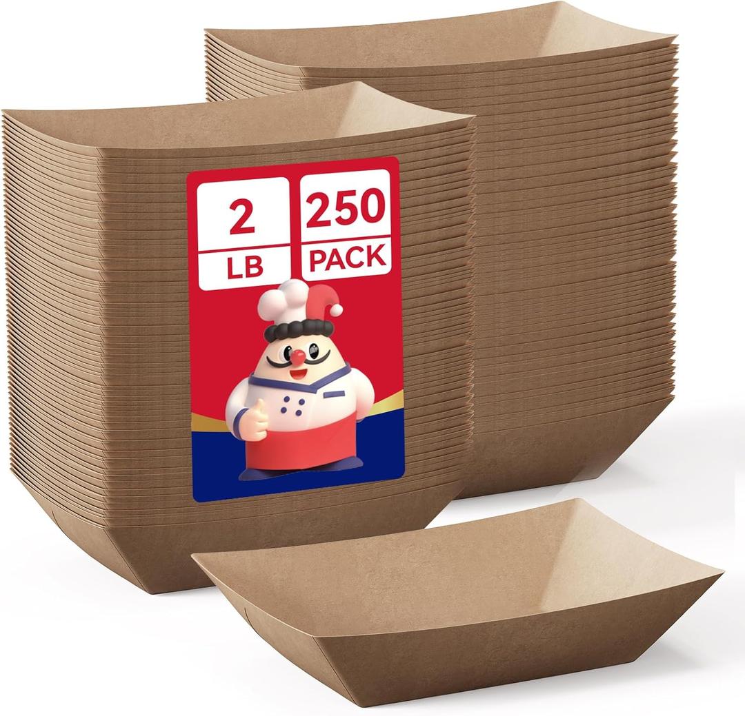 JOLLY CHEF 2lb Paper Food Trays, 250 Pack Disposable Paper Boat, Serving Boats for Gameday, Food Holder Trays for Snacks French Fries Nachos Hot Dog Tacos BBQ Party