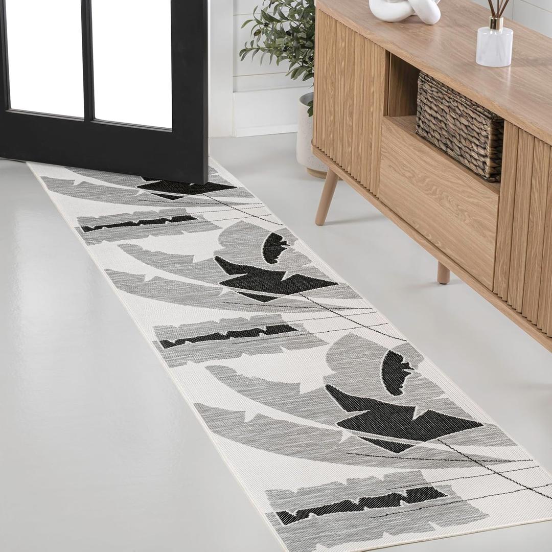 JONATHAN Y Abstract Palm Leaf Indoor Outdoor Runner Rug 2X8 Gray/Cream, Shelby Coastal Vintage for Backyard, Patio, Porch, Easy-Cleaning, High Traffic, Pet-Friendly, Non-Shedding (TSN403C-28)