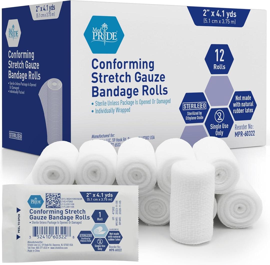 MED PRIDE Conforming Stretch Gauze Bandage Sterile Latex-Free Non-Adherent First Aid Wound Care Roll (2'' x 4.1 Yards)