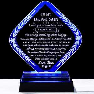 YWHL Meaningful Son Gifts from Mom, Crystal Birthday Gifts for Son with Colorful Led Base, Inspirational Graduation Gifts for Adult Son, to My Son Gifts for Fathers Day Christmas