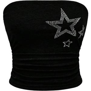 WDIRARA Women's Star Rhinestone Ruched Strapless Crop Tube Top Y2k Graphic Bandeau Tops (X-Large, Black)