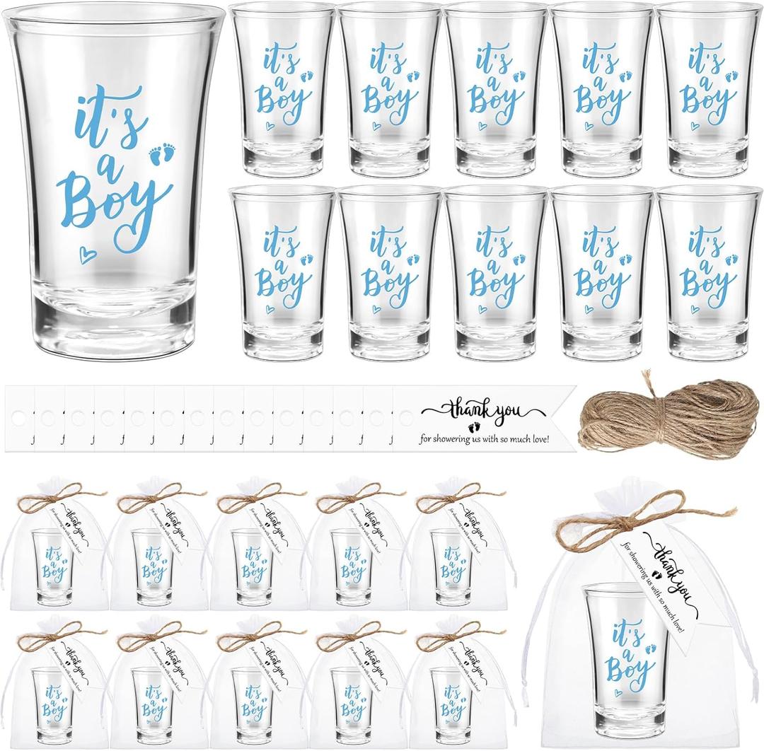 Pickmesh 50 Sets Baby Shower Favors Boy Girl Theme Party Gift Include Acrylic Clear Shot Glasses Thank You Tag Organza Bag Twine for Baby Shower Tea Party Gender Reveal (It's A Boy, Blue) (1.69 x 2.6 inches)