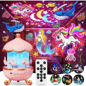 One Fire Princess Gifts for Girls Toys, 15 Music+15 Films+315 Colors Night Light Projector, 360+Remote+Cordless Star Projector for Kids, Mermaid Gifts for Girls Room Decor, Pink Baby Toddler Toys (Blue)