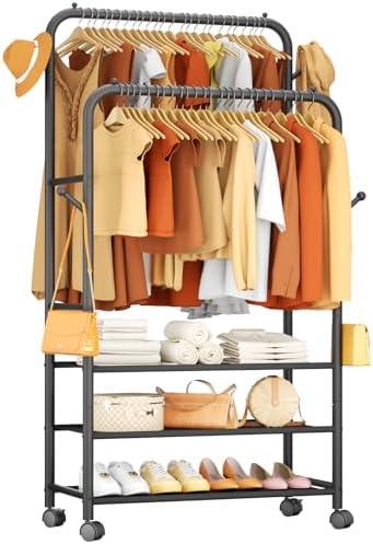 Furologee Clothes Racks for Hanging Clothes, Portable Rolling Garment Rack, Sturdy Metal Freestanding Cloths Racks with Wheels, Double Rods Wardrobe Rack for Bedroom Laundry Living Room