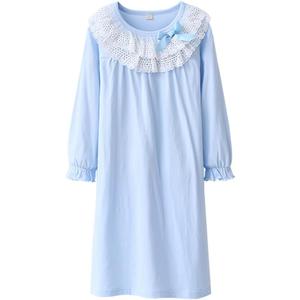BANGSAUR Girls Cotton Dress, Lace Dress Girl Sleeping Gown 3-15 Years (6-7 Years, Skyway,long Sleeve)