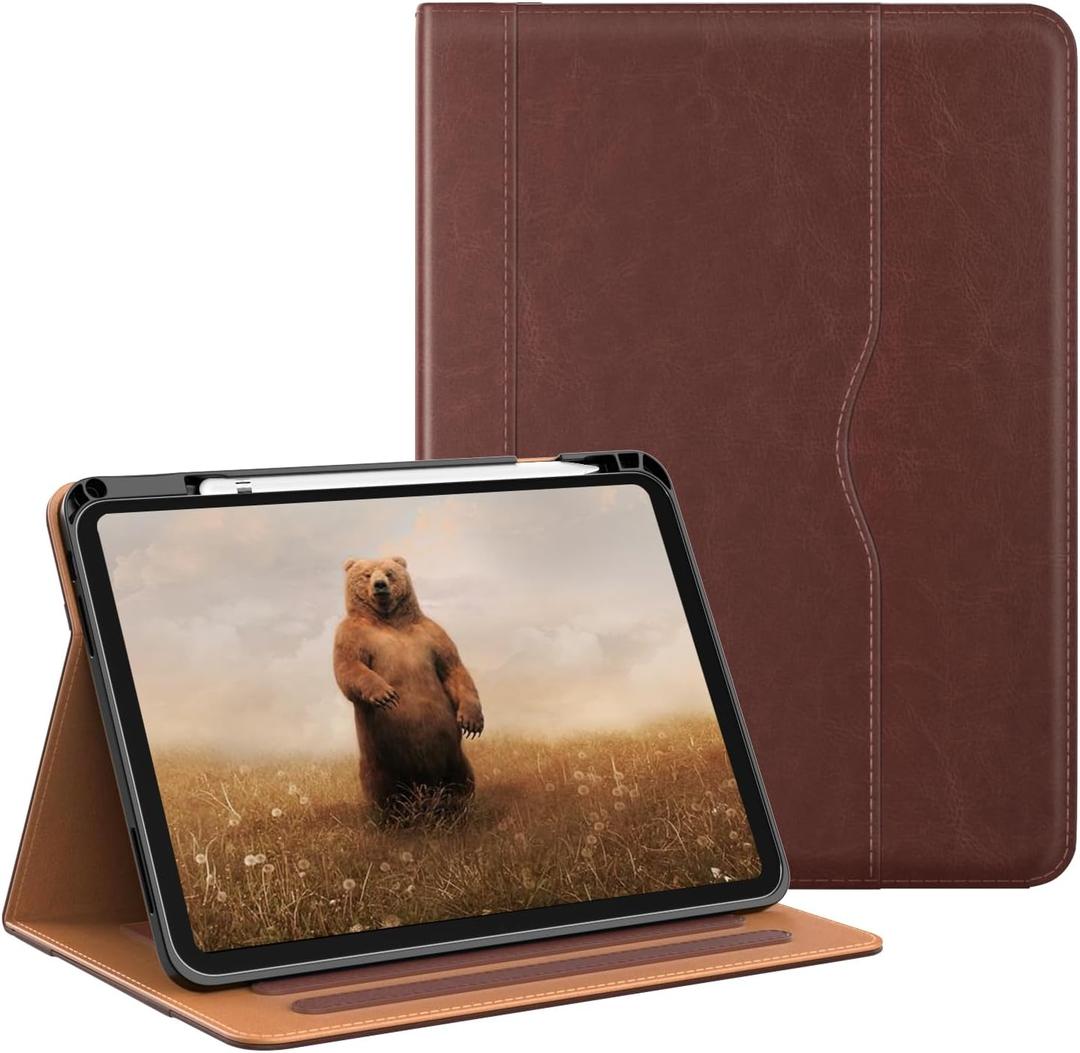 OKP Case for iPad 11-inch (A16) 2025 / 10th Generation 2022, for ipad 11th /10th 10.9 inch with Multi-Angle Viewing PU Leather Stand Cover with Pencil Holder & Pocket, Auto Sleep/Wake, Darkbrown