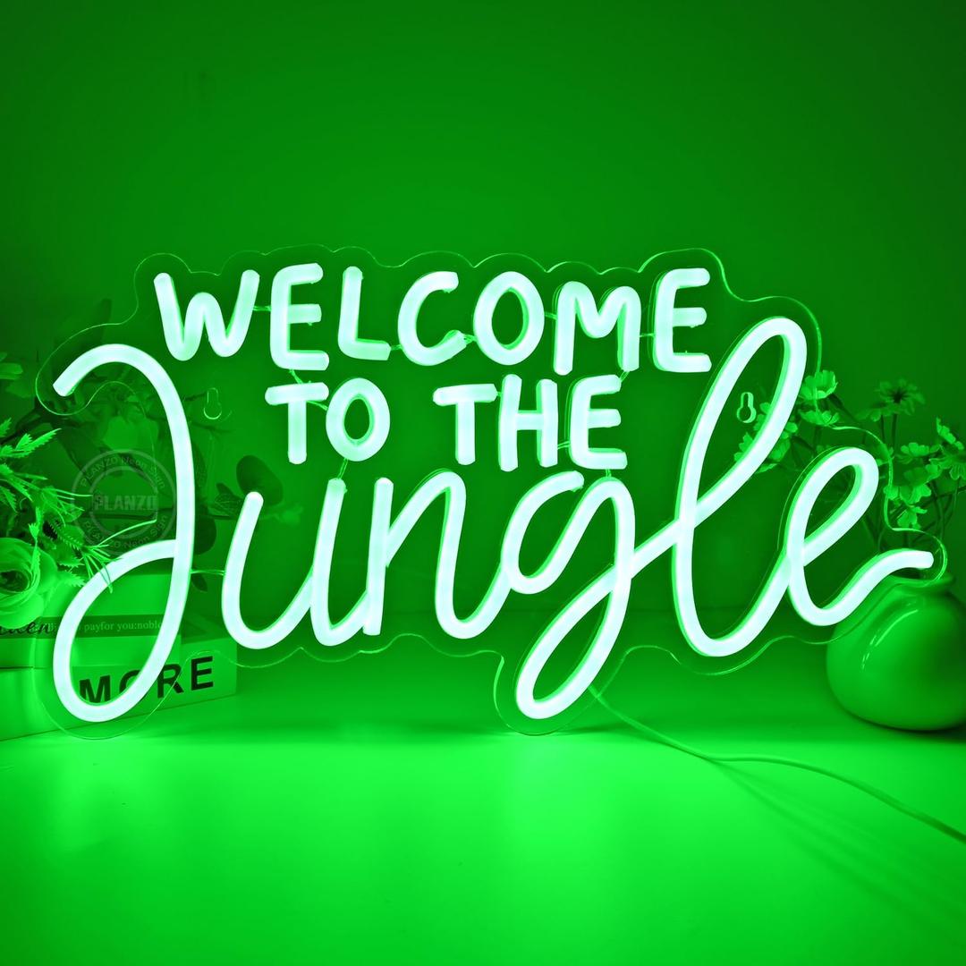 Planzo Welcome to the Jungle Neon Sign Home Wall Decor LED Neon Light Wall Sign for Safari Jungle Themed Party Baby Shower Background Bedroom Wedding Kids Gift USB Powered Dimmer Switch 17" Green