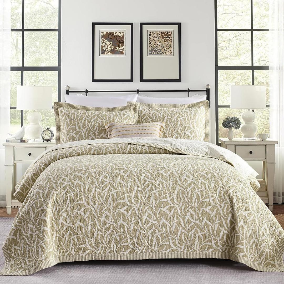 Quilts King Size - 100% Cotton Quilt Set with Matching Shams, Botanical Floral Design Farmhouse Bedspread, 3 Pieces Summer Lightweight Coverlet Set with Solid Reverse, Khaki/White (King(98"x106"))