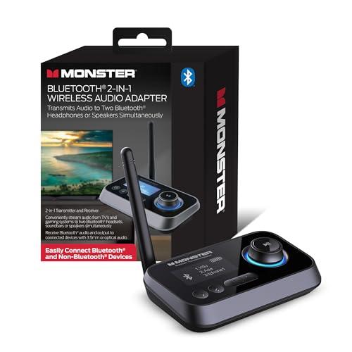 Monster Bluetooth Transmitter & Receiver, 2-in-1 Bluetooth Audio Adapter, Stream to/from NonBluetooth Devices, Stream TV to 2 Headphones, 33 ft Range, Analog & Digital, TV USB Powered, 3.5mm Aux Port