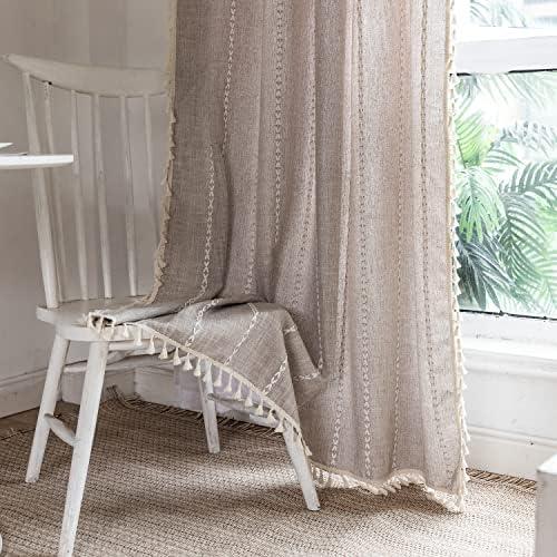 Deeprove Boho Curtain 63 Inches Length for Bedroom Living Room, Cotton Linen Weighted Taupe Stripes Embroidery, Semi Blackout Bohemian Retro Window Treatment Drape Tassels 1 Panel W52 x L63 Natural