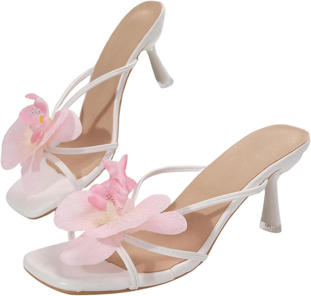 MakeMeChic Women's Open Toe Floral Kitten Heels Flower Summer Beach Sandals (6.5, White)